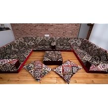 Afghan Kilim Velvet Fabric Sofa Couch, Diwan Sofa, Sectional Sofa Couch, Bench Cushions, Arabic Seating Set, Turkish Sofa, Majlis Sofa, Maroon U Shaped Arabic Floor Sofa (U Sofa Full Set)