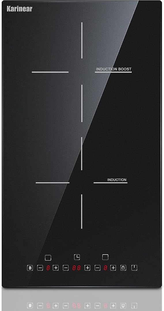 Karinear 12 Inch Induction Cooktop 2 Burner Drop In Electric Cooktop 12" | Induction Stove Top, Black Smooth Glass, Booster, Child Lock, Timer, Pause Function, 3500W, 220-240V, Hard Wire, No Plug
