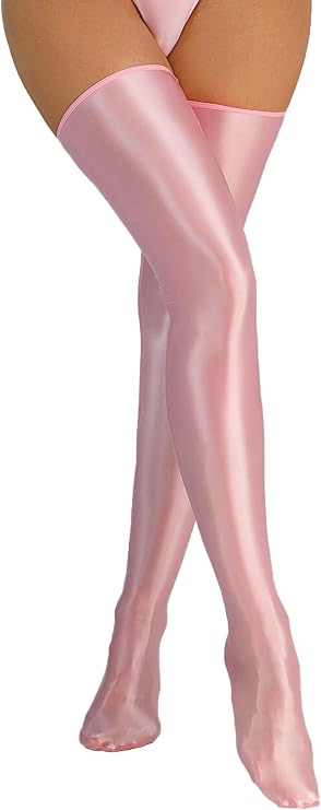 Sheer Shiny Thigh High Stockings Silky Pantyhose for Women Reflective Silk Over the Knee Socks Flash Oil Bright Shaping Dance Stockings Pink