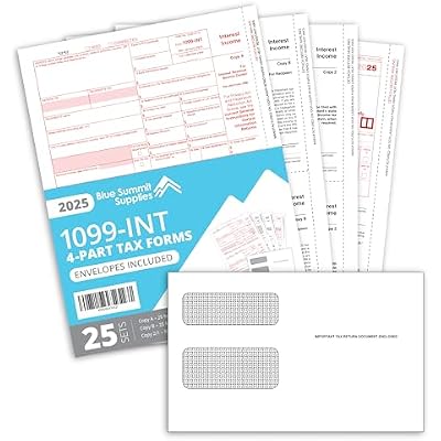 Blue Summit 25 1099 INT Forms 2025 with Envelopes, 1099 Interest Forms 2025, 25 Laser 4 Part Tax Form for Interest Income, Compatible with QuickBooks, Accounting Software, 25 Self Seal Envelopes
