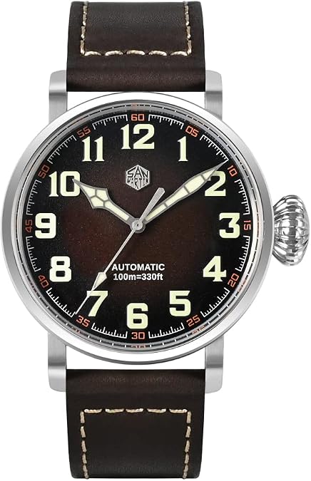 San Martin SN095G Automatic Mechanical Pilot Men Watches Sapphire Glass Fashion Simple Style YN55A Genuine Leather Strap Stainless Steel Diving Watch 10 Bar Luminous (with Logo)