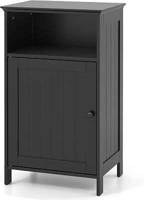Bathroom Storage Cabinet, Wood Floor Side Cabinet with Doors, Adjustable Shelves, Freestanding Small Cabinets for Bathroom, Laundry Room, Living Room, Bedroom Black