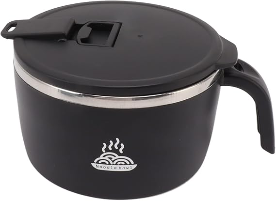 Diydeg Ramen Bowl, 900ml Double Wall Stainless Steel Rapid Noodle Cooker with Drains, Lid, Handle, Mobile Phone Holder, Only with Hot Water, Ramen Soup Bowl for Office College Dorm Room (Black)