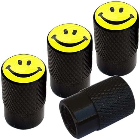 Vivid Black Anodized Billet Aluminum Tire Wheel Valve Stem Dust Caps for Cars Trucks Trailers SUV's RV's Motorcycles Bikes and More (Set of 4) Yellow Happy Smile Face