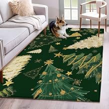 Dark Green Christmas Tree 2.7x5 Area Rugs for Living Room, Xmas Trees Star Snowflake Winter Washable Rug Rectangular Indoor Carpet Non-Slip, Low Pile Bathroom Rug Kitchen Runner Rugs for Bedroom