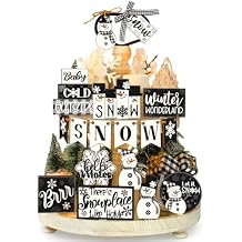 24 Pcs Winter Tiered Tray Decor Set Winter Tiered Decorations Snowman Wooden Signs Snowflakes Table Centerpieces Without Tray Black White Farmhouse Frosty Snow Themed for Home Table