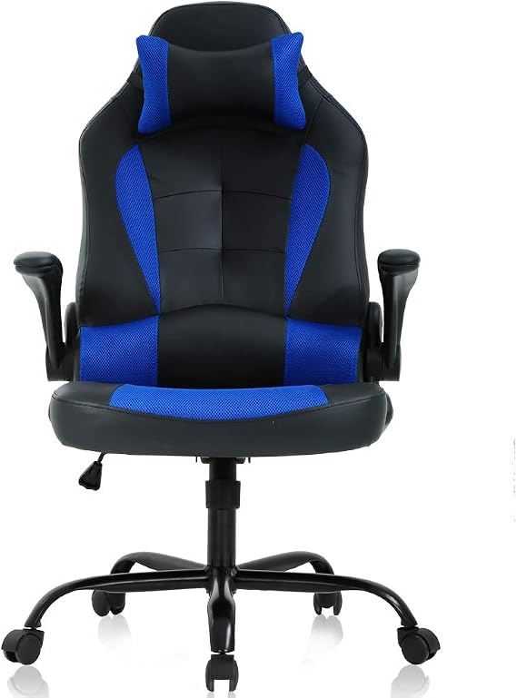 Blue Gaming Chair - Ergonomic High Back Office Desk Chair with Adjustable Lumbar Support, Flip-Up Arms & Headrest - PU Leather Computer Swivel Task Chair for Adults, Men & Women