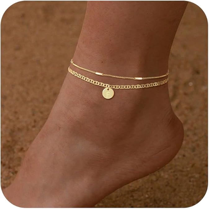 Initial Ankle Bracelets for Women 14K Gold Plated Dainty Layered Round Letter Anklets Beach Jewelry Gift