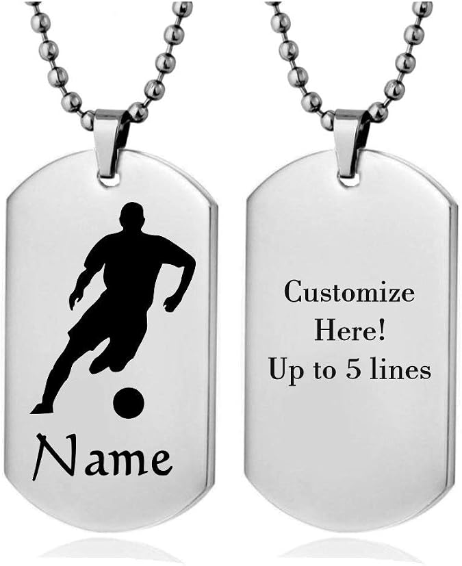 Personalized Sport Silhouette Customize Engrave Message Name Dog tag Necklace Pendant 24 inch Stainless Steel Chain Giftpouch and Keyring (Silver Soccer)