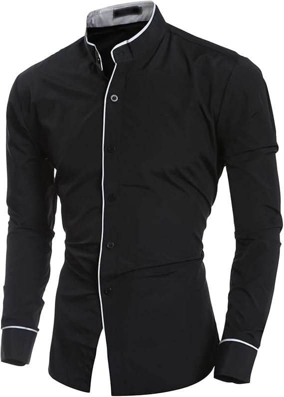 Men's Long Sleeve Stylish Shirts Casual Solid Color Stand Collar Shirts Classic Plain Button Down Dress Shirt