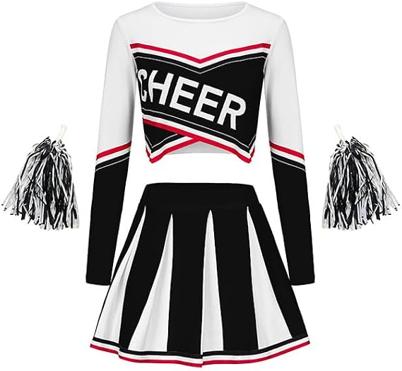 Adult Cheerleader Costume for Women Long Sleeve School Cheerleading Outfit Cheer Uniform and Pom Poms
