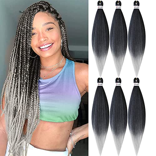 6 PacksLot Prestretched Braiding Hair Ombre Braid Hair 26 Inch Braiding Hair Pre stretched Hot Water Setting Synthetic Braiding Hair Extensions Black to Silver Grey 100gPack