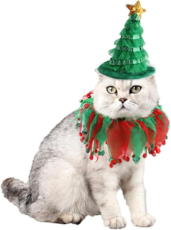 2 Pcs Pet Costumes for Dogs Cats Sequins Christmas Tree Hat and Collar with Gold Star Decor, Xmas Carnival Costume Party Cosplay Dress Up Decoration