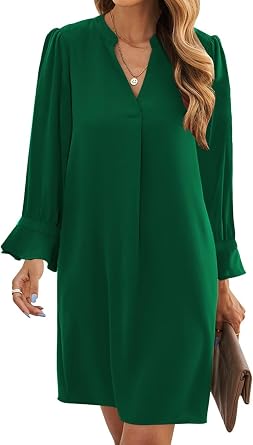 Wkior Fall Dresses for Women Cute V Neck Loose Cute Casual Long Sleeve Shift Dress Dark Green M