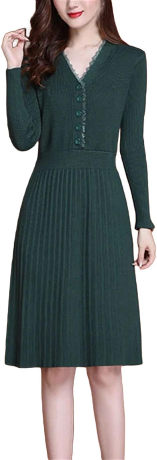 Women's Knitted Long Sleeve Sweater Dress Slim Bodycon Winter Button V Neck Midi Pleated Dress