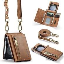 Compatible with Samsung Galaxy Z Flip 5 Phone Case, Upgraded Zipper Design, PU Leather Folding Wallet Phone Cases with Shoulder Strap&Card Holder,Leather Pocket Phone Cases (Brown)