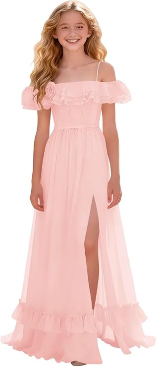 Junior Bridesmaid Dresses Off-Shoulder Chiffon Ruffle Flower Girl Dress Long Formal Wedding Party Gown with Slit
