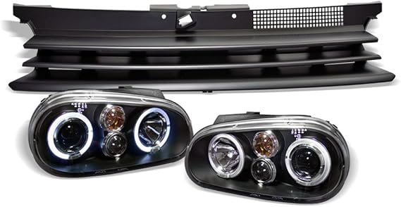 Black Clear Housing Halo Projector Headlights Signal Lamps jy + Matte Black Horizontal Front Hood Bumper Grill Grille Guard ABS Compatible With 99-06 VW Golf/GTI / R32 MK4