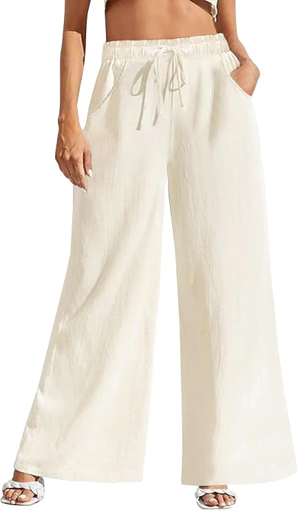 Fancysters Women Wide Leg Linen Pants, High Waisted Summer Casual Cotton Linen Palazzo Pants with Pockets