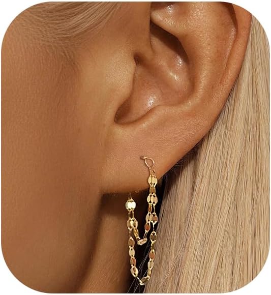 925 Sterling Silver Tassels Dangle Chain Earrings for Women | 14K Gold Plated Minimalist Stud Earring Piercing Layered Earrings Ear Cuff Jewelry Birthday Gifts