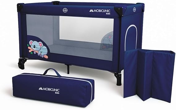 Mobiclinic®, Travel Cot, with Transport Bag, 2 in 1, Ultra-compact Folding, Removable Mattress, Mofli, up to 15kg, Breathable Fabric, Side Entrance with Zip, Wheels (Navy blue)
