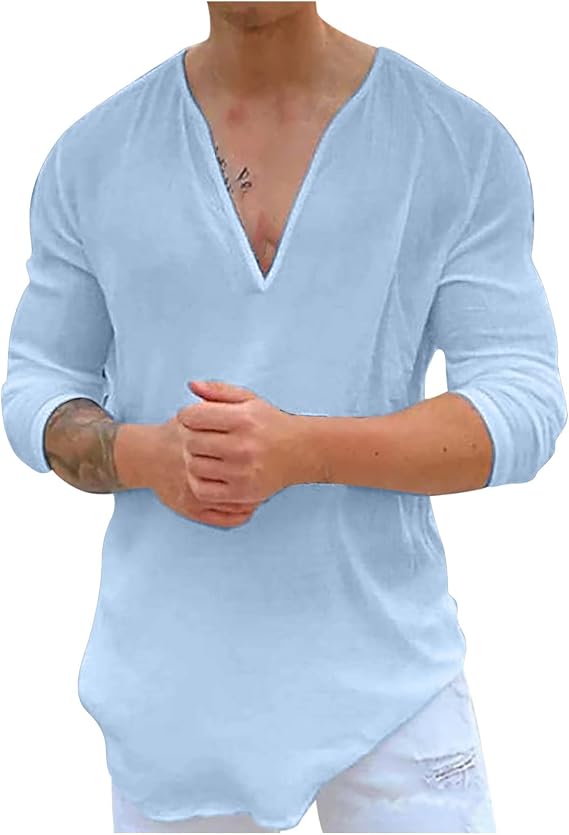 Mens Cotton Linen Shirts Casual Stylish Deep V Neck 3/4 Sleeve 2023 Summer Top Loose Regular-Fit Elegant T Shirt