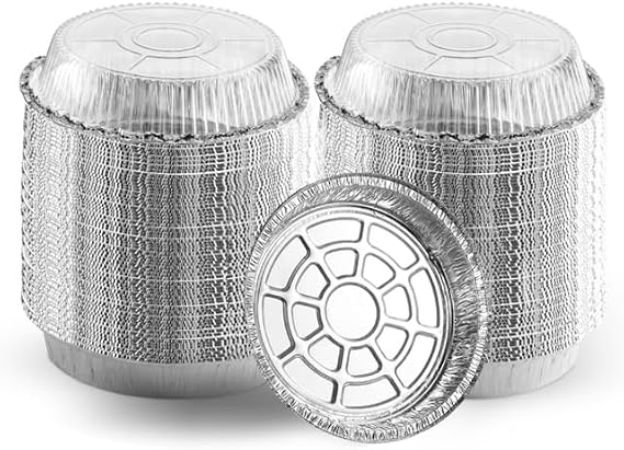 MontoPack 7 Round 100 Pack Aluminum Foil Pans with Clear Lids | Disposable Containers with Straight Walls for Storing, Baking, Meal Prep & Reheating | Freezer & Oven Safe, Recyclable