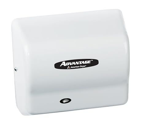 American Dryer AD90 Advantage ABS Standard Automatic Hand Dryer, 1/8 HP Motor, 100-240V, 5-5/8" Length x 10-1/8" Width x 9-3/8" Height, White