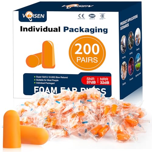 VOISEN Foam Ear Plugs,200 Pairs EarPlugs for Sleeping,32dB NRR 37dB SNR Ear Plug Noise Cancelling for Snoring, Studying,Traveling & Concerts, Individual Package