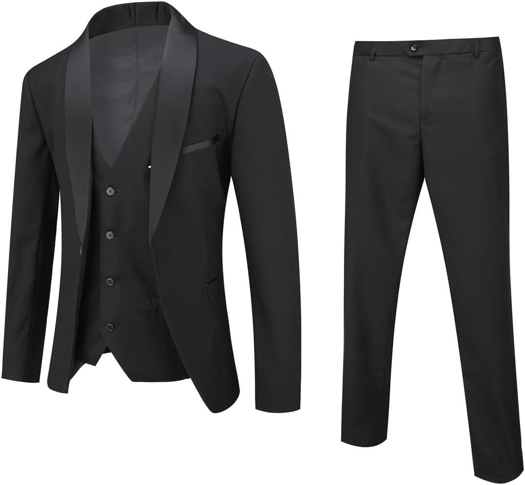 Boyland Mens 3 Pieces Suit with Shawl Collar 1 Button Slim Fit Single Breasted Formal Wedding Dinner Business