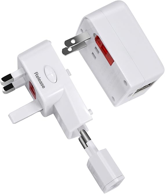 Travel Plug Adapter with 2 USB A,Universal All in One Worldwide Travel Adapter,Detachable and Portable Power converters,AC Power Plug Adapter,International Power Adapter for USA EU UK AUS White