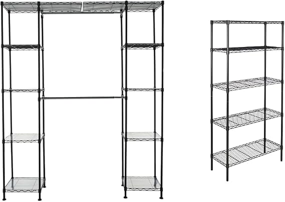 AmazonBasics Expandable Metal Hanging Rack Wardrobe with Shelves, Black & 5-Shelf Adjustable, Heavy Duty Storage Shelving Unit (350 lbs per shelf), Steel Organizer Wire Rack, Black,(36L x 14W x 72H)