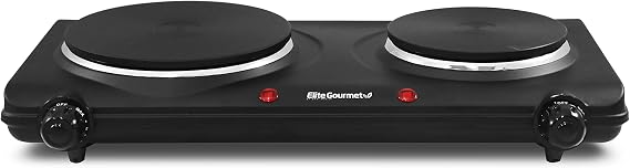 Elite Gourmet Double Cast Iron Burner, 1500W Hot Plate, Adjustable Temp