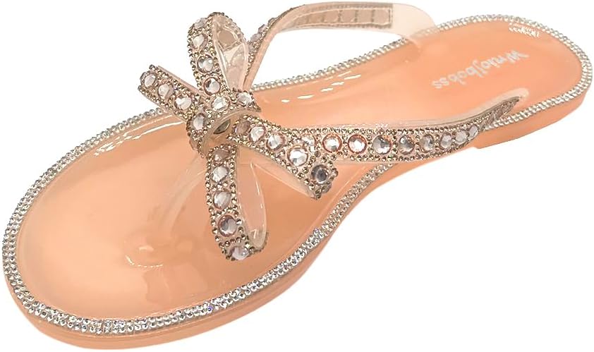 Womens Flat Sandals Jelly Flip Flops Crystals Rhinestones Bow Knot Glitter Sandals