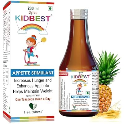HealthBest Kidbest Appetite Booster for Kids 3-13 Yrs with L-Lysine & B Vitamins Syrup, Helps Healthy Weight Gain, Pineapple Flavor, Increases Hunger, Appetite Stimulant, 200ml