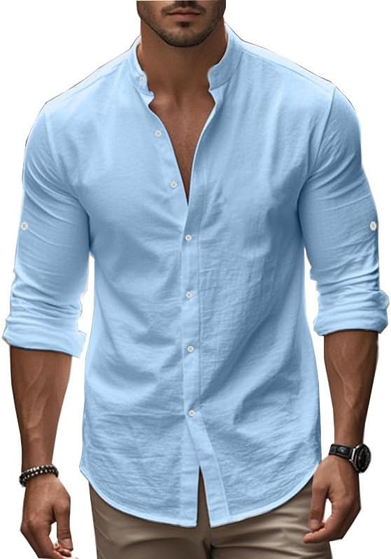 Men's Long Sleeve Button Down Shirts 2026 Trendy Henley Neck Linen Shirts Regular Fit Summer Beach Vacation Tops