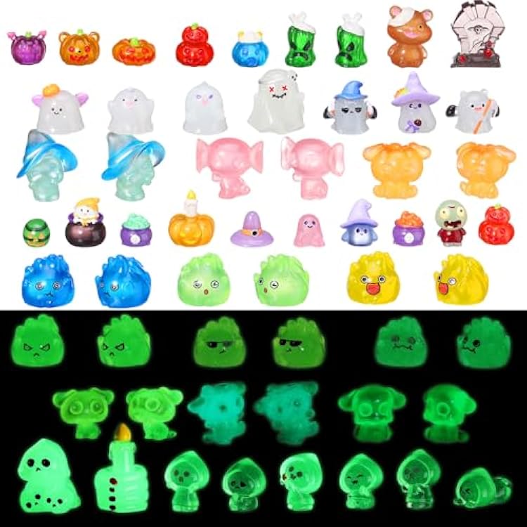 58 Pcs Halloween Luminous Mini Toys Glow in Dark Tiny Resin Figures Set Fairy House Diorama Accessories Ornament for Garden Dollhouse Craft DIY Pumpkin