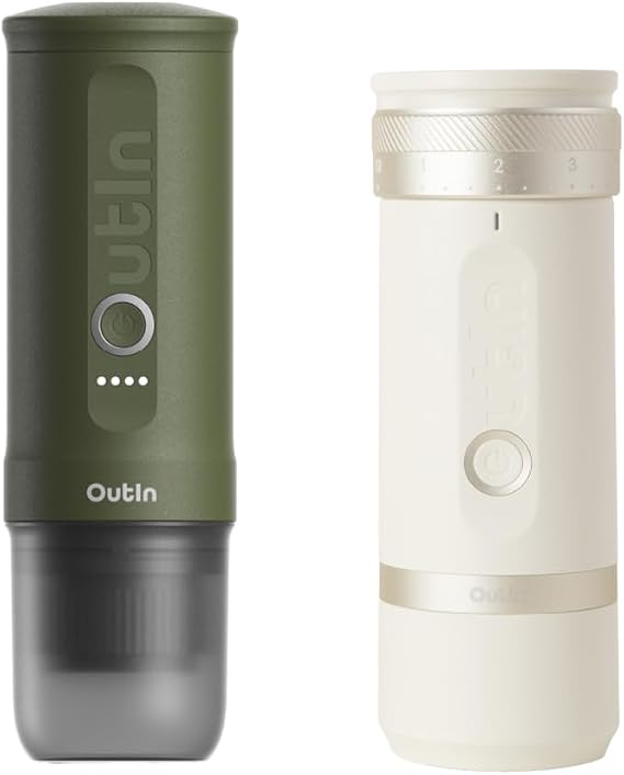 OutIn Nano Portable Electric Espresso Machine with Fino Portable Electric Coffee Grinder, White & Forest Green