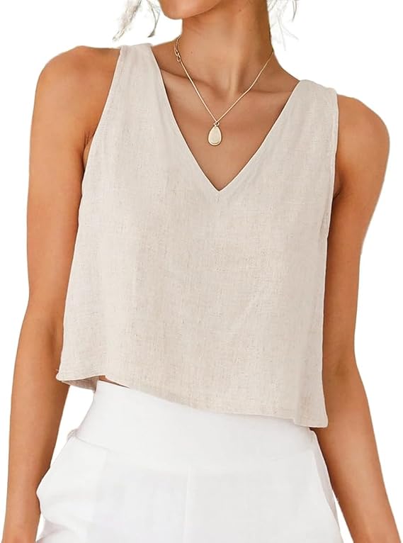 IDEALSANXUN Womens V Neck Linen Tank Tops Spring Summer Sleeveless Shirts