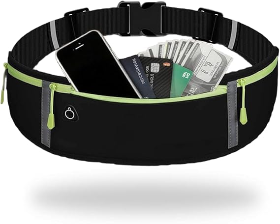 Running Belt - Unisex Waterproof Waist Strap, Running Phone Holders Comfortable and Adjustable Waistband Running Belts for Women, With Reflective Strip and Headphone Hole, Running, Travel Workout, Bla
