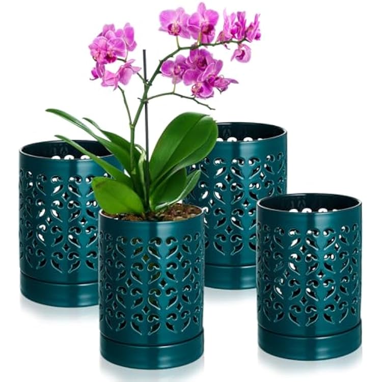 4 Pcs Orchid Pots with Holes 4 Inch Small Ceramic Plant Pots with Drainage and Saucer for Repotting Breathable Slotted Orchids Planter Indoor Outdoor