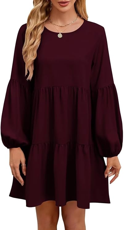 QACOHU Fall Dresses for Women Crew Neck Ballon Sleeve Tunic Mini Dress