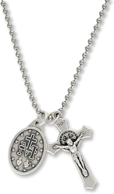 Caritas et Fides Catholic Necklace St Benedict Crucifix and Miraculous Medal Hypoallergenic Necklace on 24" Ball Chain - Jesus Mary Chain Catholic Necklace for Men, Women, Adults