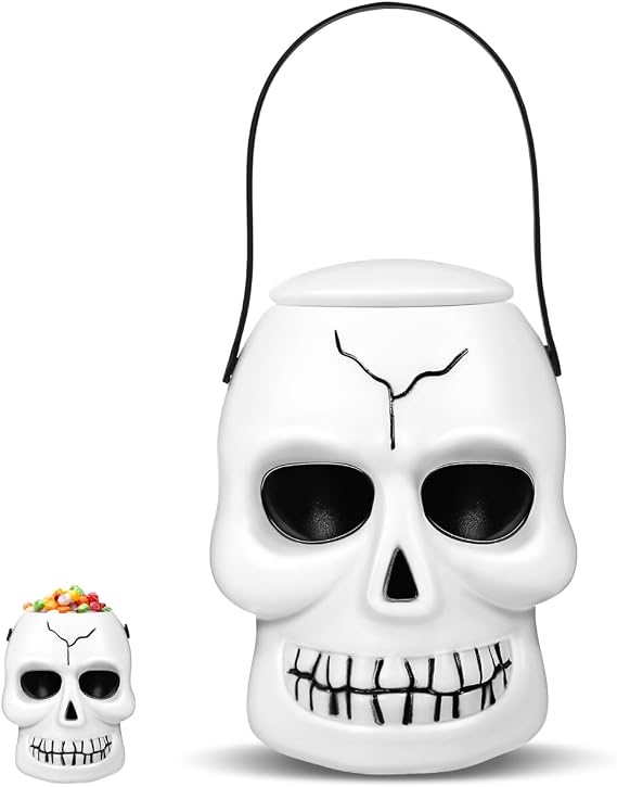 Operitacx Skull Trick or Treat Bucket with Lid, Halloween Candy Pail, White