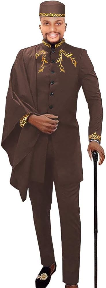 African Men Clothing for Party Wedding Dashiki Printed Coats Ankara Pants and Hat 3 Piece Set Tribal Suit Wax
