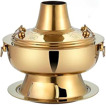 Chinese Charcoal Hotpot,Copper-Plated Hot Pot With Charcoal Base, Pure Copper Thick Mongolian Cattle Hotpot, For Family Dinners Gatherings Barbecues Outdoor Cooker Picnic,Gold,34cm