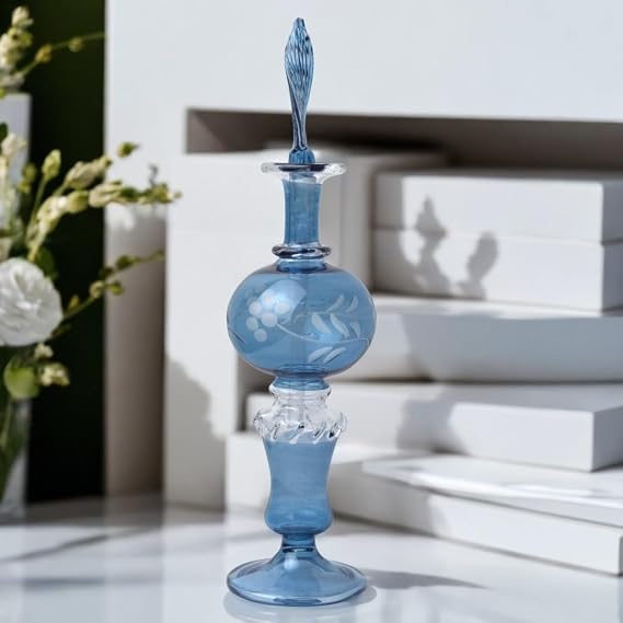 Ornamenta Handcrafted Blown Glass Perfume Bottle | Blue Refillable Fragrance & Essential Oil Bottle | Decorative Decanter with Engraved & Hand-Painted Floral Design | Unique Gift for Women