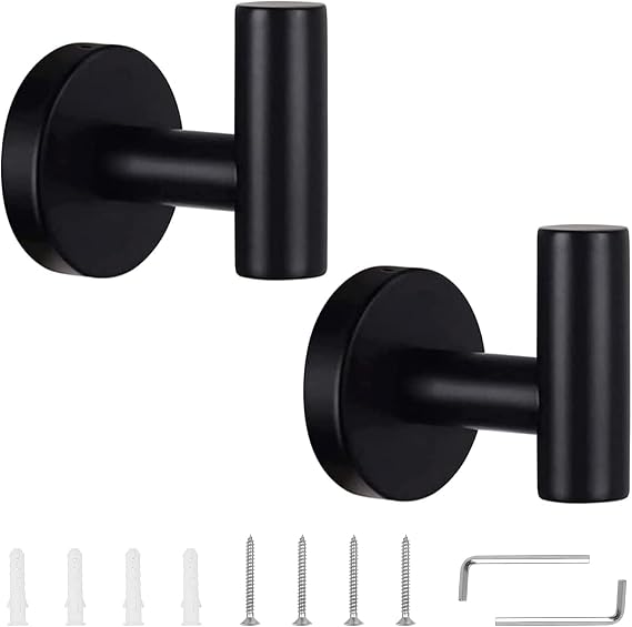 2 Pack Bathroom Towel Hook, Matt Black Coat Hook Wall Towel Hooks Coat Hook Bathroom Robe Hook SUS 304 Stainless Steel Heavy Duty Door Hanger Shower Robe Hand Hooks Brushed Nickel Towel Hook