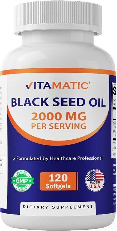 Vitamatic Black Seed Oil 2000 mg Per Serving, Cold-Pressed Nigella Sativa (Black Cumin) Oil, High Potency Softgels for Daily Wellness Support, 120 Count