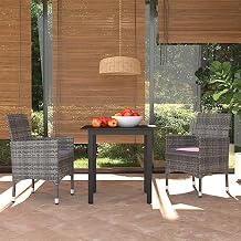 3 Piece Grey PE Rattan Dining Set, Outdoor Patio Furniture with Glass Tabletop & Comfortable Chairs, Weather Resistant Compact Design for Balcony Garden Spaces